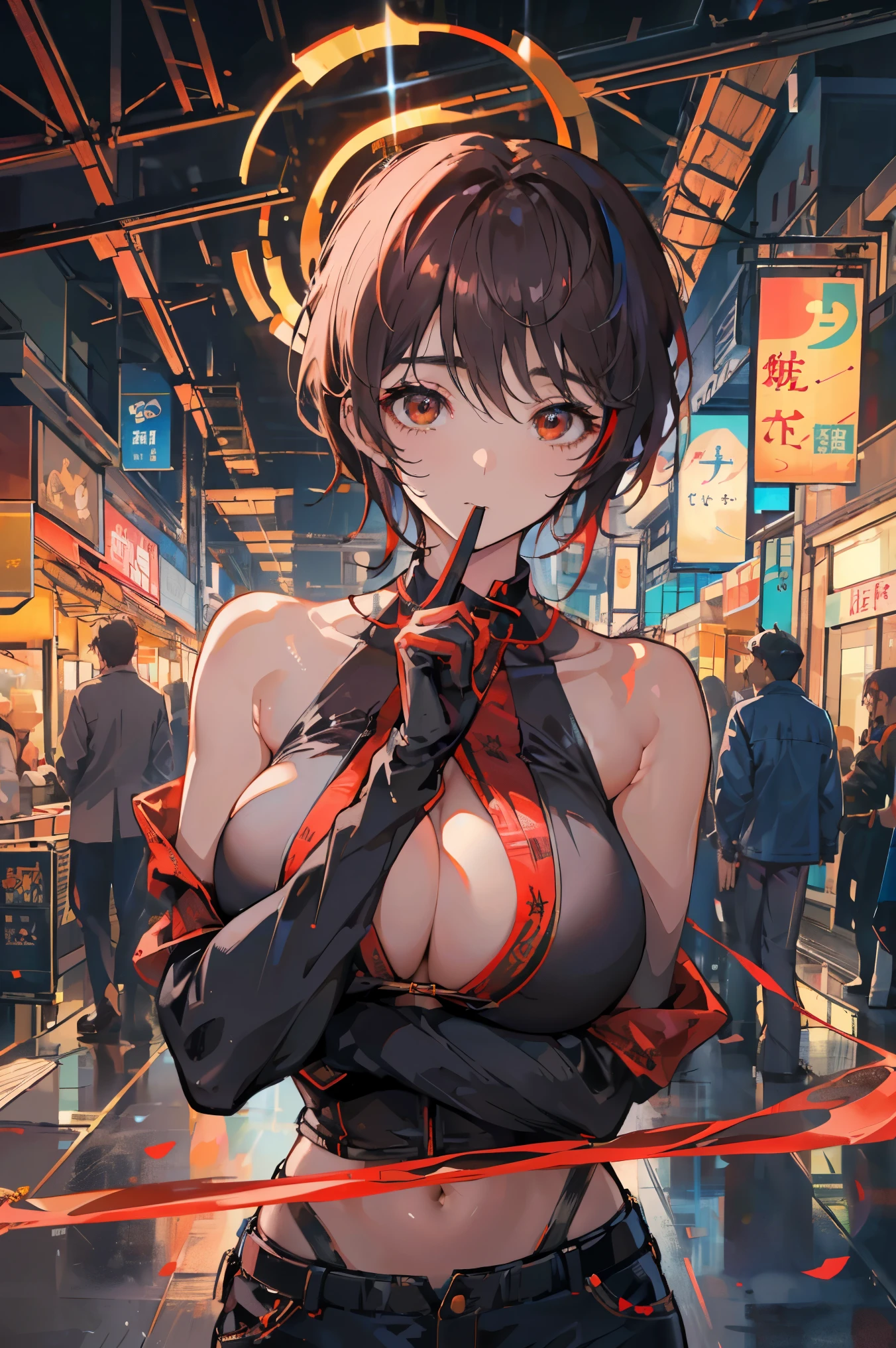 (best quality,4K,high resolution), 18 year old female, Red mesh hair on black hair, shiny long straight hair, Innocence,Sharp Eyes、Red Eyes、Small nose、Eyeliner、 Luxurious black silk babydoll、 Face、pal、contour、Slender body、Funny appearance,comics,and soul,Cute illustration of deformation、Detailed presentation of real skin texture、Muscle texture reproduction、Knife skills,huge , Crazy breast swelling, Chest larger than shoulder blades, Big breasts and thin waist,(huge breasts:1.2),Hydrated skin((rogue))((非常huge乳房)),((Grooves reveal original skin))