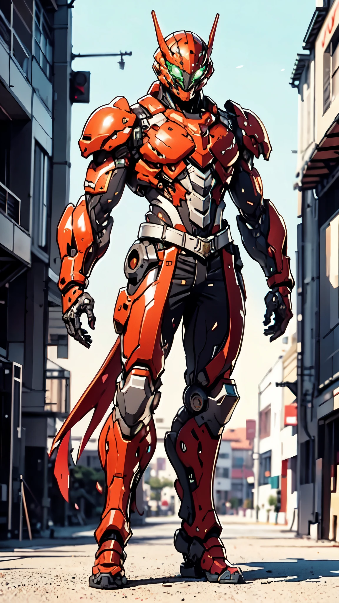 A man wearing a full-face helmet, a fantasy-style biotech armored combat suit, green eyes, (a composite layered chest armor), fully enclosed shoulder guards, matching arm and leg guards, the belt is adorned with dragon claw grasping orbs, (the color scheme is primarily black with red accents), the design balances heavy with agility, a high-tech bio-mecha armor, (Armor Concept Inspired by Dragons, stand on the top of a skyscraper in a futuristic sci-fi city), this character embodies a finely crafted fantasy-surreal style armored hero in anime style, exquisite and mature manga art style, (element, plasma, energy, the armor glows), ((male:1.5)), metallic, real texture material, dramatic, high definition, best quality, highres, ultra-detailed, ultra-fine painting, extremely delicate, professional, perfect body proportions, golden ratio, anatomically correct, symmetrical face, extremely detailed eyes and face, high quality eyes, creativity, RAW photo, UHD, 32k, Natural light, cinematic lighting, masterpiece-anatomy-perfect, masterpiece:1.5