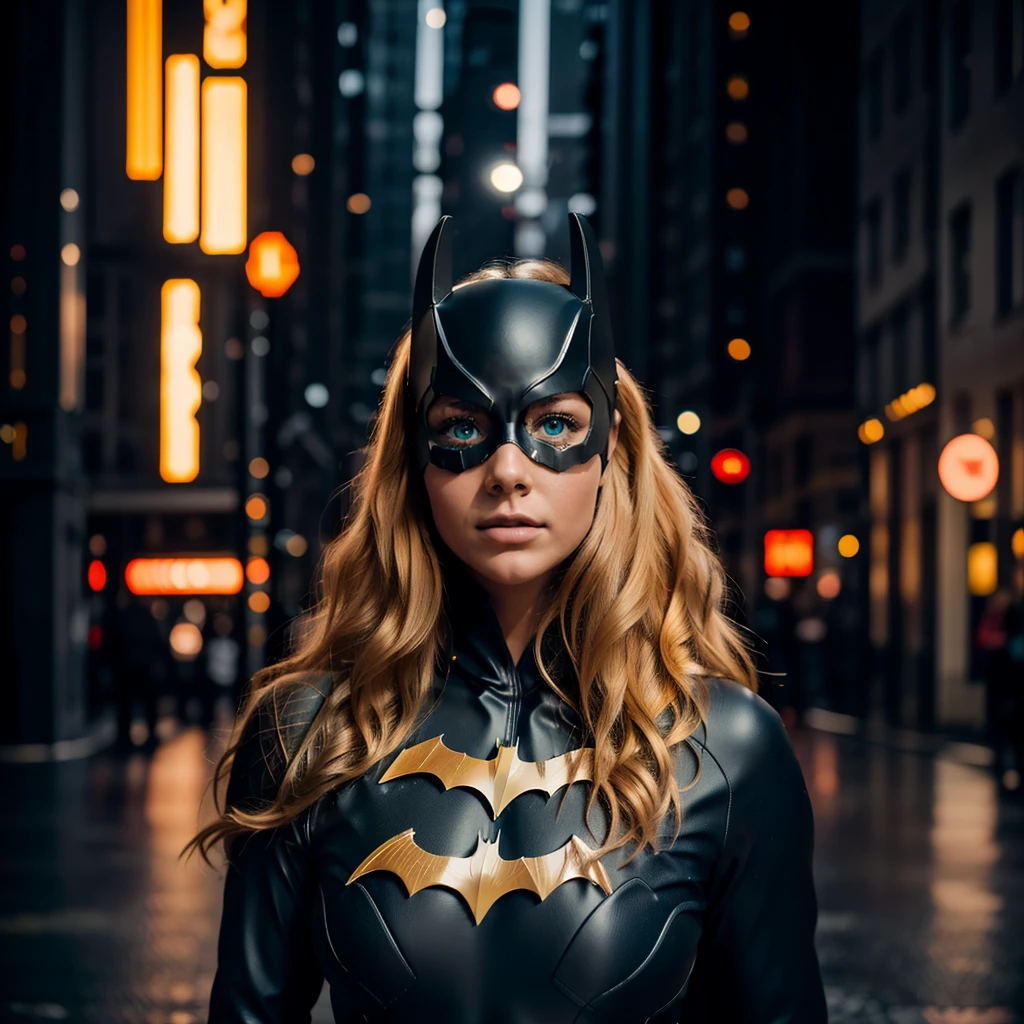 professional portrait photograph of a gorgeous 18 year,Norwegian girl Lise Olsen in london with long wavy blonde hair,blue eye,happy,sultry flirty look, gorgeous symmetrical face, cute natural makeup, wearing Batgirl costume, ((standing outside in city street)), stunning modern urban environment, ultra realistic, concept art, elegant, highly detailed, intricate, sharp focus, depth of field, f/1. 8, 85mm, medium shot, mid shot, (((professionally color graded))), bright soft diffused light, (volumetric fog), trending on instagram, hdr 4k, 8k