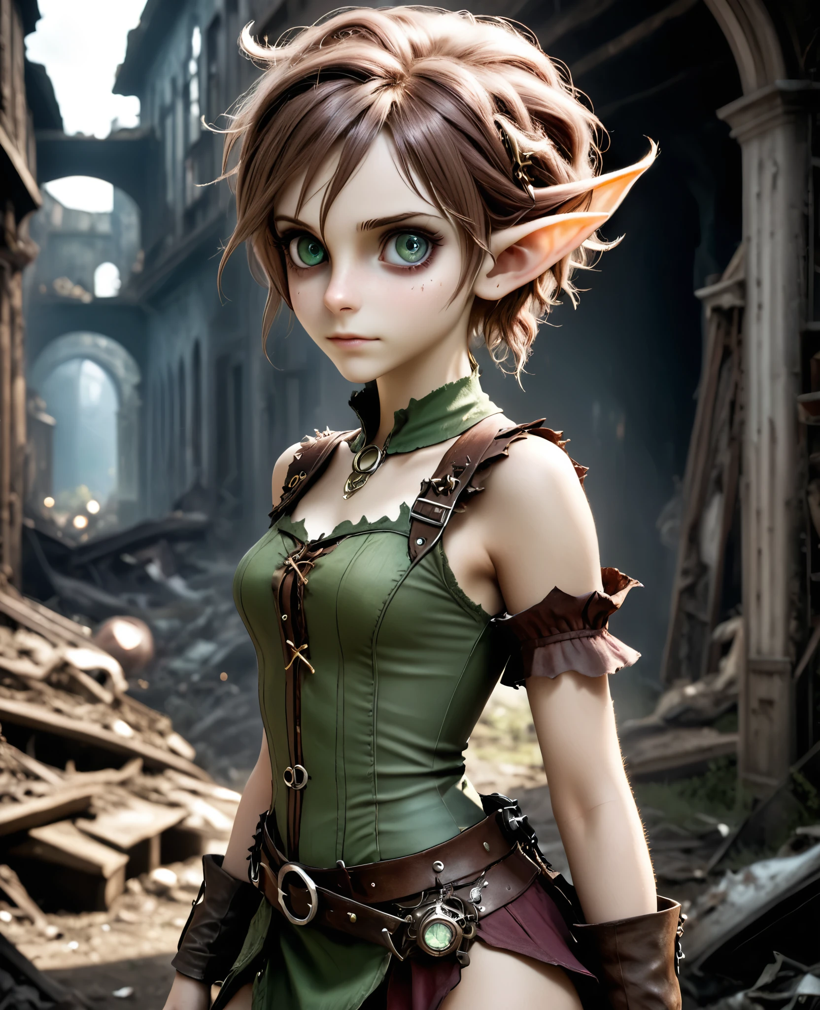 cute elf, (teenage elf  with extremely cute eyes)), (((elf))), ((((high resolution))), (((extremely detailed))), ((masterpiece)), looks like Aerith Gainsborough, dramatic shadows, depth of field, analog photo style, (world in which are collide steampunk and postapocalyptic vibes), postapocalyptic cute female in steampunk aesthetic, torn dirty clothes, depth of field, full body shot, unzoomed, (perfect body: 1.4), (sidecut short hairstyle), (stalking is quite common, although not the best way to make a living), stylized atmosphere of unreality, dark atmosphere, dynamic pose, in motion, Armageddon, increase cinematic lighting, highly lifelike skin texture, parted lips, weary eyes, fine eyes, whitened skin, random hair colour, doomsday aura