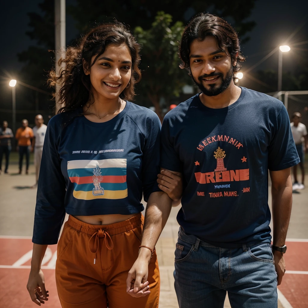 A hand-holding picture of an Indian couple standing watching a kabaddi match. The guy has a full curly hair & black beard, wearing a grey full-sleeve t-shirt and blue track pants, with shiny yellow and red thread tied on his wrist. The woman is wearing a pink t-shirt with 'freedom' written on it, tucked into blue jeans, with a red and black thread tied on her wrist and a copper-colored watch. Both are looking at the camera with smiling and happy expressions, in cinematic lighting