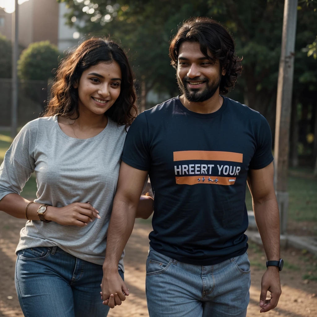 A hand-holding picture of an Indian couple standing watching a kabaddi match. The guy has a full curly hair & black beard, wearing a grey full-sleeve t-shirt and blue track pants, with shiny yellow and red thread tied on his wrist. The woman is wearing a pink t-shirt with 'freedom' written on it, tucked into blue jeans, with a red and black thread tied on her wrist and a copper-colored watch. Both are looking at the camera with smiling and happy expressions, in cinematic lighting