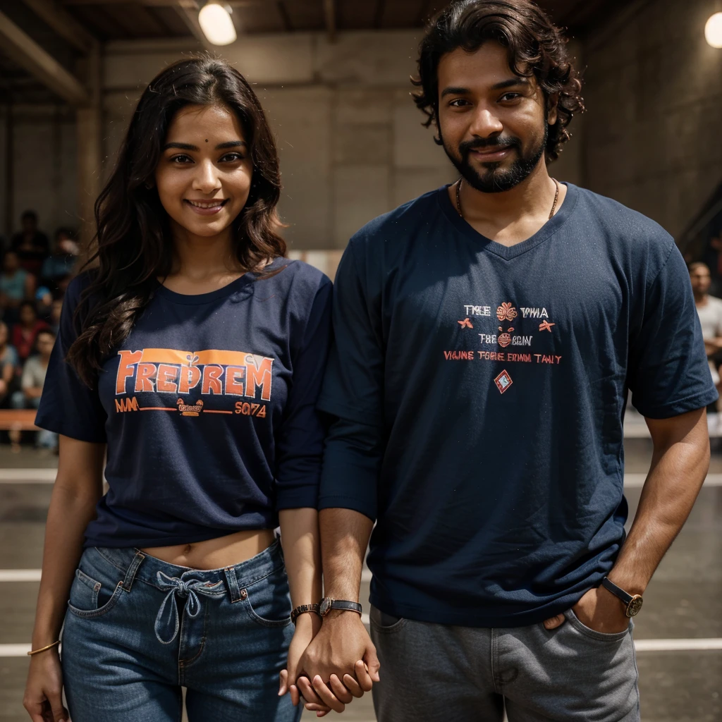 A hand-holding picture of an Indian couple standing watching a kabaddi match. The guy has a full curly hair & black beard, wearing a grey full-sleeve t-shirt and blue track pants, with shiny yellow and red thread tied on his wrist. The woman is wearing a pink t-shirt with 'freedom' written on it, tucked into blue jeans, with a red and black thread tied on her wrist and a copper-colored watch. Both are looking at the camera with smiling and happy expressions, in cinematic lighting