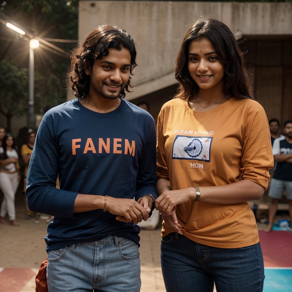 A hand-holding picture of an Indian couple standing watching a kabaddi match. The guy has a full curly hair & black beard, wearing a grey full-sleeve t-shirt and blue track pants, with shiny yellow and red thread tied on his wrist. The woman is wearing a pink t-shirt with 'freedom' written on it, tucked into blue jeans, with a red and black thread tied on her wrist and a copper-colored watch. Both are looking at the camera with smiling and happy expressions, in cinematic lighting