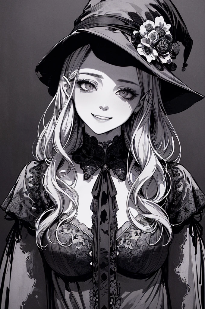 Highest quality, (Background details), High Contrast, Very beautiful woman, Detailed original illustrations、functional、witch、Pointed hat、Black Robe、Delicate face、attractive、Villainess、sexy、Real breasts、Crazy Smile, Crazy Eyes, Head close-up, Black background, (Black background: 1.5), Beautiful line art、Monochrome