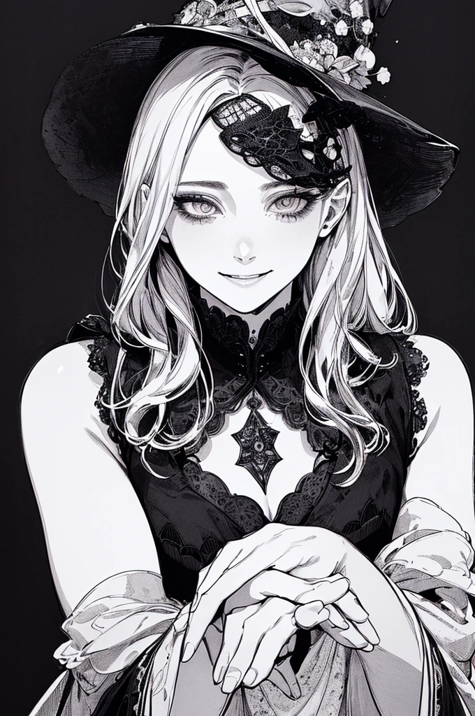 Highest quality, (Background details), High Contrast, Very beautiful woman, Detailed original illustrations、functional、witch、Pointed hat、Black Robe、Delicate face、attractive、Villainess、sexy、Real breasts、Crazy Smile, Crazy Eyes,  Head close-up, Black background, (Black background: 1.5), Beautiful line art、Monochrome