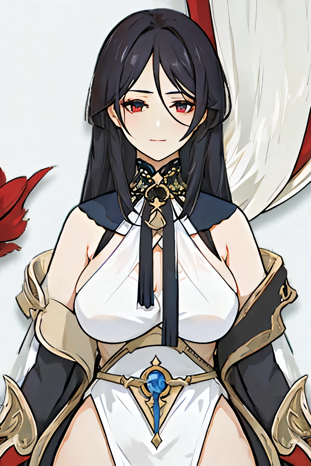 [a handsome, sexy mature woman with a seductive smile and parted lips stands against a white background, slightly dark skin, She has sharp eyelashes, eyes browns, and long black hair with bangs. His figure is voluptuous, with a narrow waist, Broad Hips, and huge breasts. The image has an impact, Genshin-inspired style, rendered in high detail and HDR quality as a stunning work of art.]