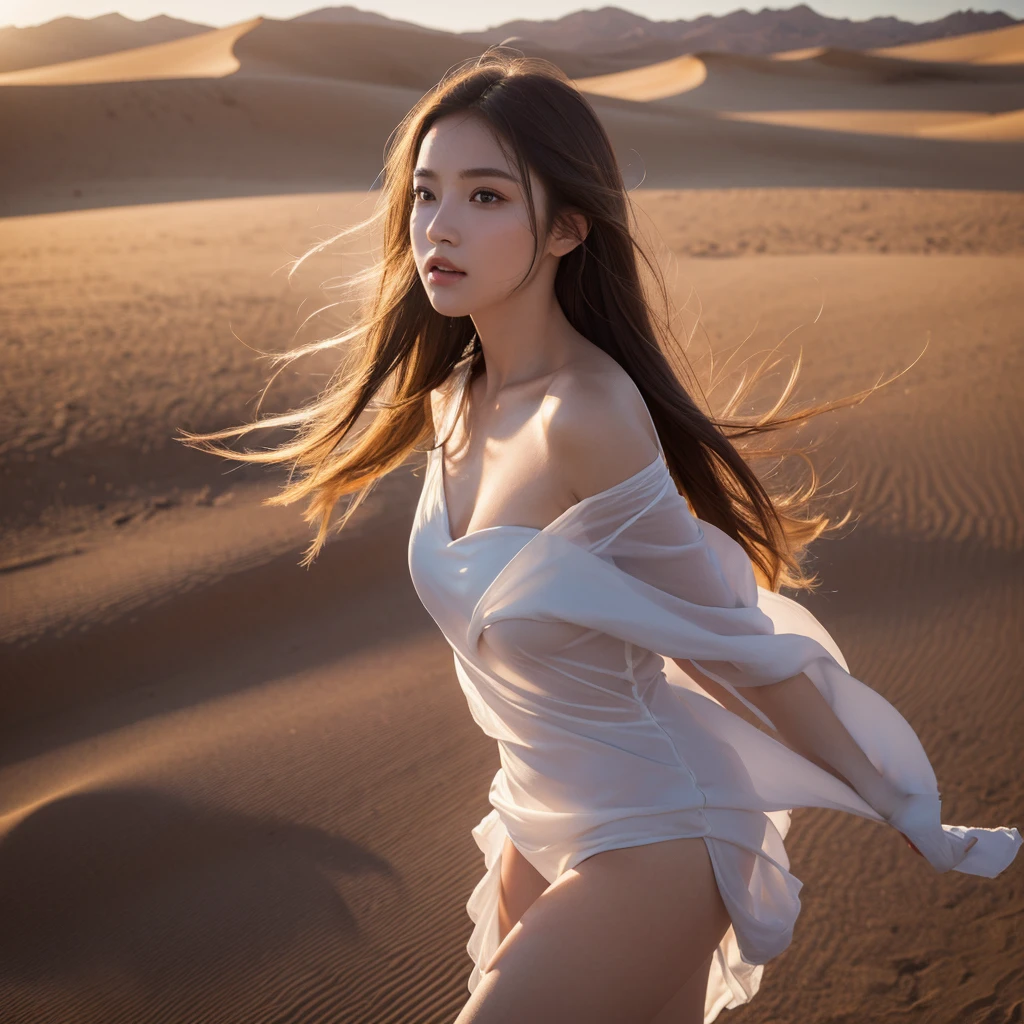 1girl, beautiful young woman, gracefully standing, middle of vast desert, flowing dress billowing in wind, golden sunlight, warm glow on face, striking features, sand dunes stretch out endlessly, sense of tranquility and solitude, realistic painting style, capturing beauty and serenity of desert landscape, real photo, photography, (best quality,4k,8k,highres,masterpiece:1.2),ultra-detailed,(realistic,photorealistic,photo-realistic:1.37),highly detailed face and eyes, detailed fabric, dramatic lighting, depth of field, cinematic composition