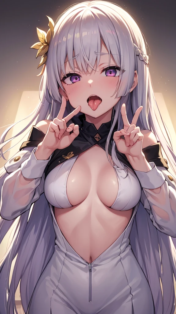 Hands on the side of the face、Ahegao Double Peace、Stretch out your tongue and let your saliva drip、whole body、(Unbroken Hand:1.2),(2 arms),(2 legs),highest quality, 4K, (High resolution:1.3), masterpiece: 1.2, Super detailed, HDR, Studio Lighting, Sharp Focus, Bright colors, Portrait, Warm tones, Soft Lighting,