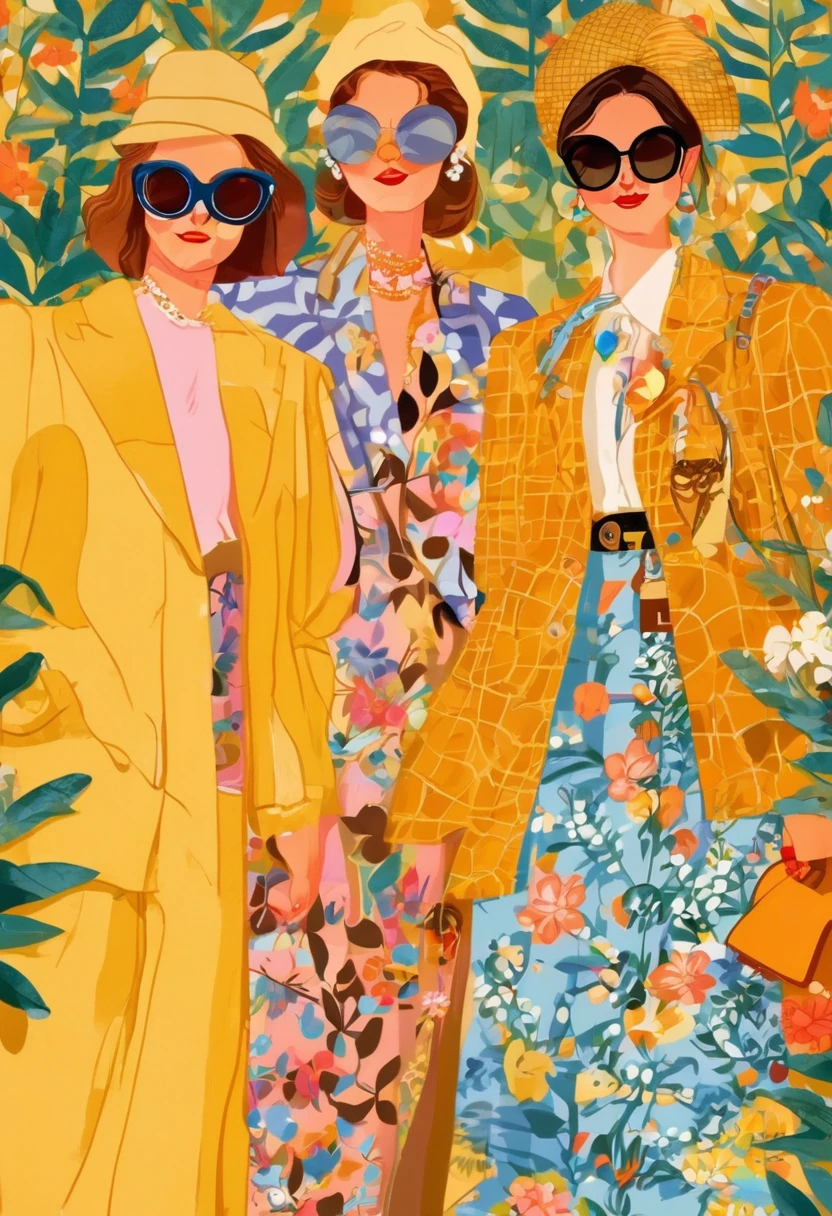 A vibrant and stylish illustration of three women wearing Louis Vuitton, each adorned with different patterns including flowers, leaves, and geometric shapes, standing in front of an abstract background that reflects the whimsical nature of their fashion sense. They wear sunglasses and exude confidence as they pose for the camera. The overall mood is lively and colorful, capturing the essence of high-end luxury brand style. In the style of John Holcroft.