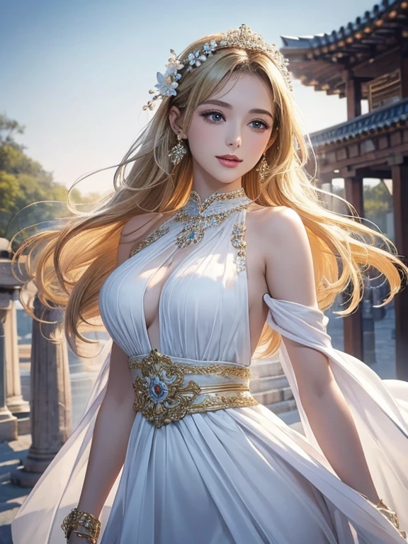 (Highest quality,Super detailed,High resolution,masterpiece,8K),Bright and vibrant colors,Official artwork,Greek white costume,Stylish makeup,Mid-length, shiny blonde hair fluttering in the wind,Captivating eyes,Glossy Lips,Beautiful woman with ample breasts,Beautiful neck line, Holding,Captivating smile,whole body,A solemn atmosphere,Old Temple,flower,pigeon,,Detailed CG,