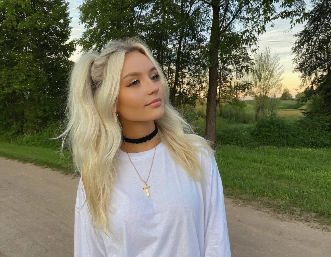 Глядя прямо в камеру, зернистость, текстура кожи, Instagram selжie oж a woman with long loose blonde hair wearing a choker,evening жorrest in the background,ж/1.8, фильм ужасов, персонаж весь в крови, 