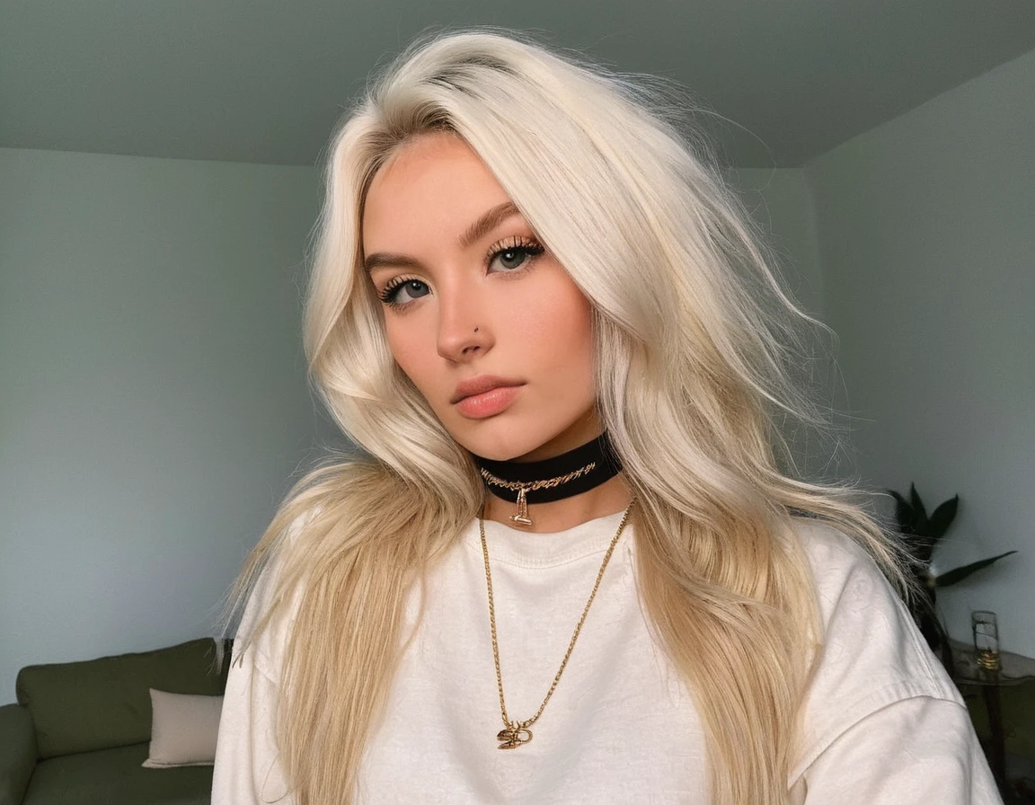 Глядя прямо в камеру, зернистость, текстура кожи, Instagram selжie oж a woman with long loose blonde hair wearing a choker,evening жorrest in the background,ж/1.8, фильм ужасов, персонаж весь в крови, 