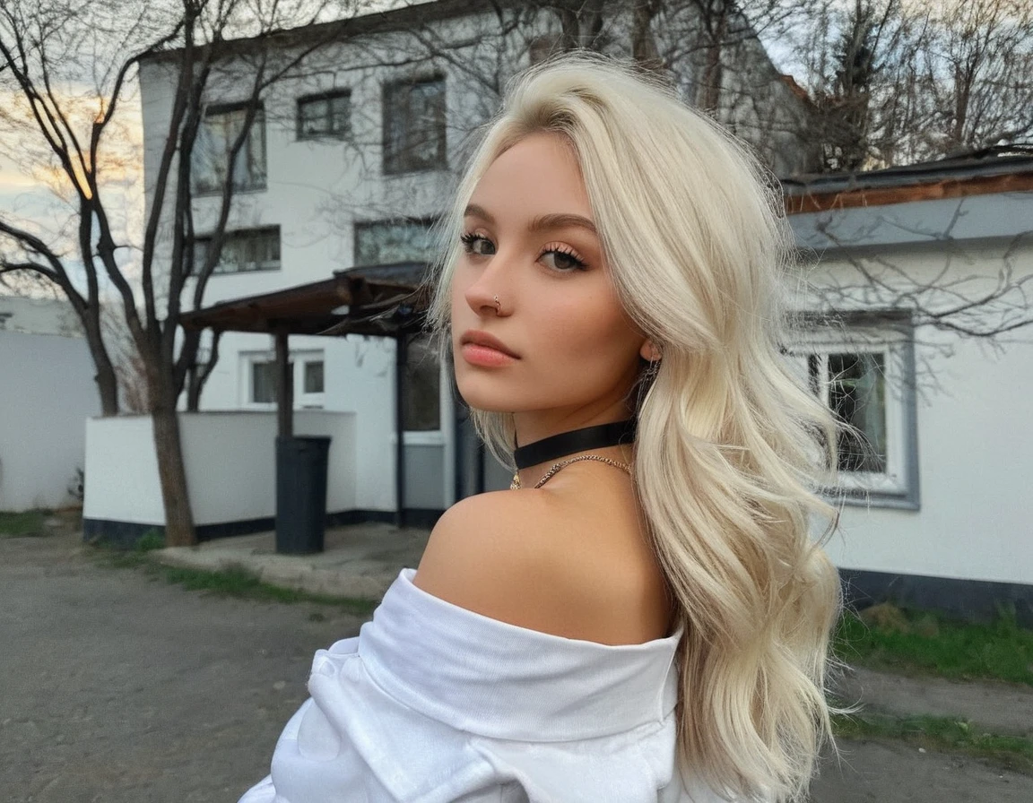 Глядя прямо в камеру, зернистость, текстура кожи, Instagram selжie oж a woman with long loose blonde hair wearing a choker,evening жorrest in the background,ж/1.8, фильм ужасов, персонаж весь в крови, 