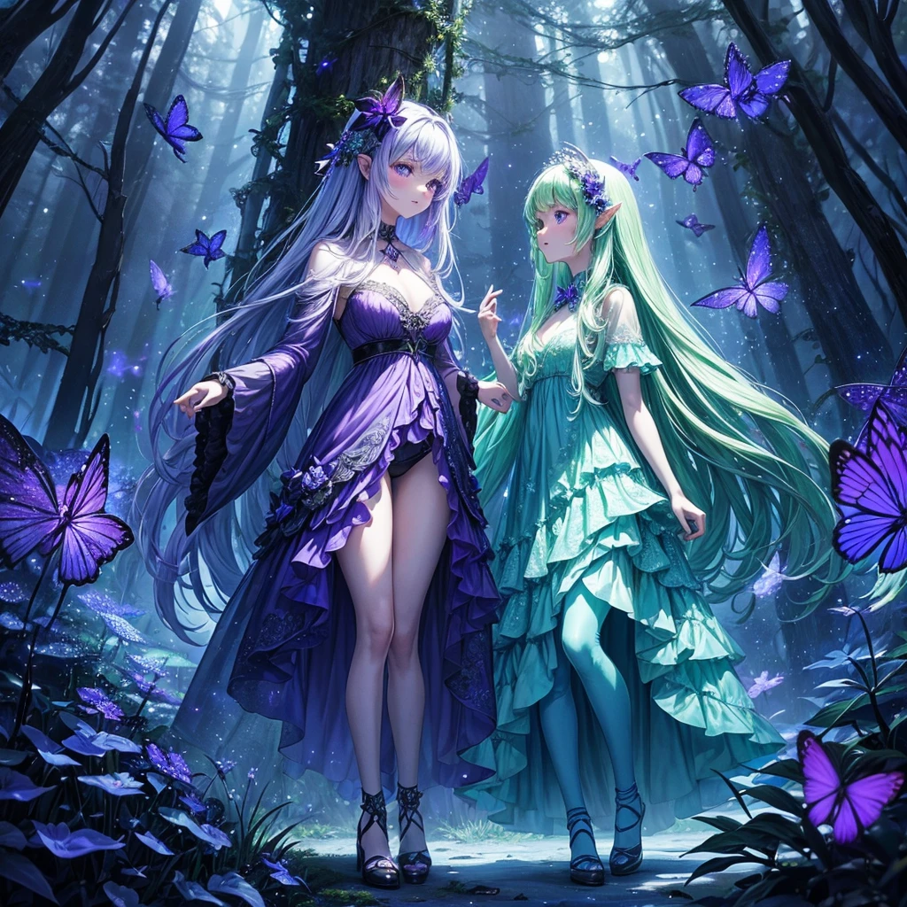 A whimsical depiction of bioluminescent violet butterflies in a dark forest, evoking a fairy tale setting with a hint of magic