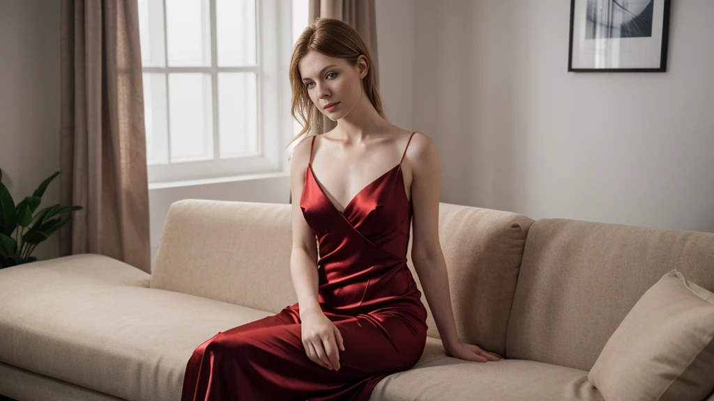 an icelandic woman with beautiful Delicate eyes, Beautiful and delicate lips, Extremely detailed face and skin, Pale skin, 18 years old,Wearing a red silk dress,medium long shot, Sitting on the sofa in the living room, beautiful, natural posture,Beautiful light and shadow，panoramic view, (long legs), (full body portrait). Beautiful photography，Long eyelashes, Good anatomy , Practical skin texture, Delicate eyes, professional, 4K, Wide-angle lens, Optical Depth of Field, Kodak Vision Color, Perfectly proportioned body, Extremely detailed, ultra-photoPractical, Practical, Post-Processing, Maximum details, Roughness, real life, ultra -Practical, Photorealism, photography, 8K Ultra HD, photography
