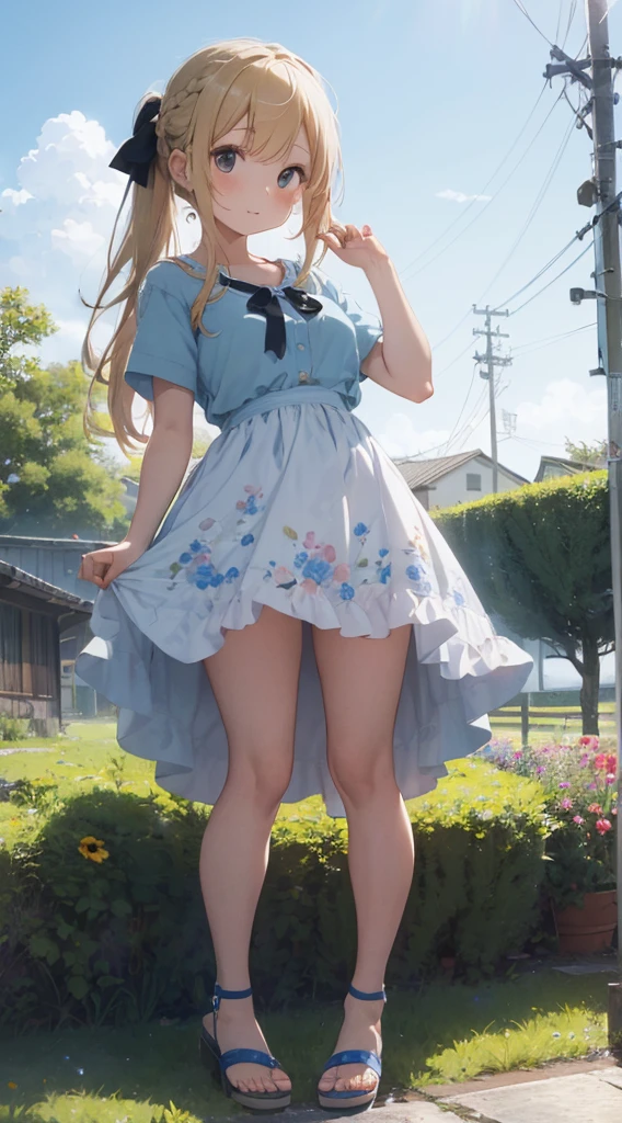 10 year old girl underwear, Realistic bloomers made from patterned cotton fabric, Medieval one-piece dress with panniers, Fabric Realism, Low - Angle, I see bloomers, Pull up the dress by hand, Strong winds, Translucent slip, Translucent slip, tights, Highest quality, Crotch close-up, whole body