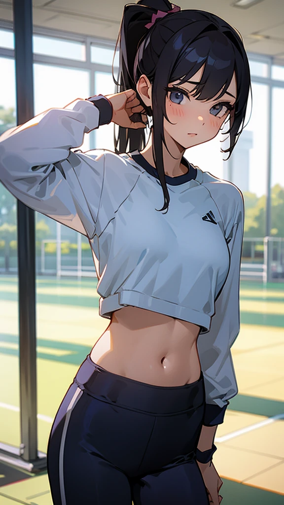 absurd, masterpiece, best quality, realistic, hyper-detailed, (shiny skin, sweaty:1.4), looking at viewer, slender, 1girl, solo, tennis wear, white polo shirt, white sneakers, white miniskirt, small breasts, (thick thighs:0.4), dynamic lighting, high resolution, sharp focus, depth of field, ponytail, brown bob cut hair, black eyes