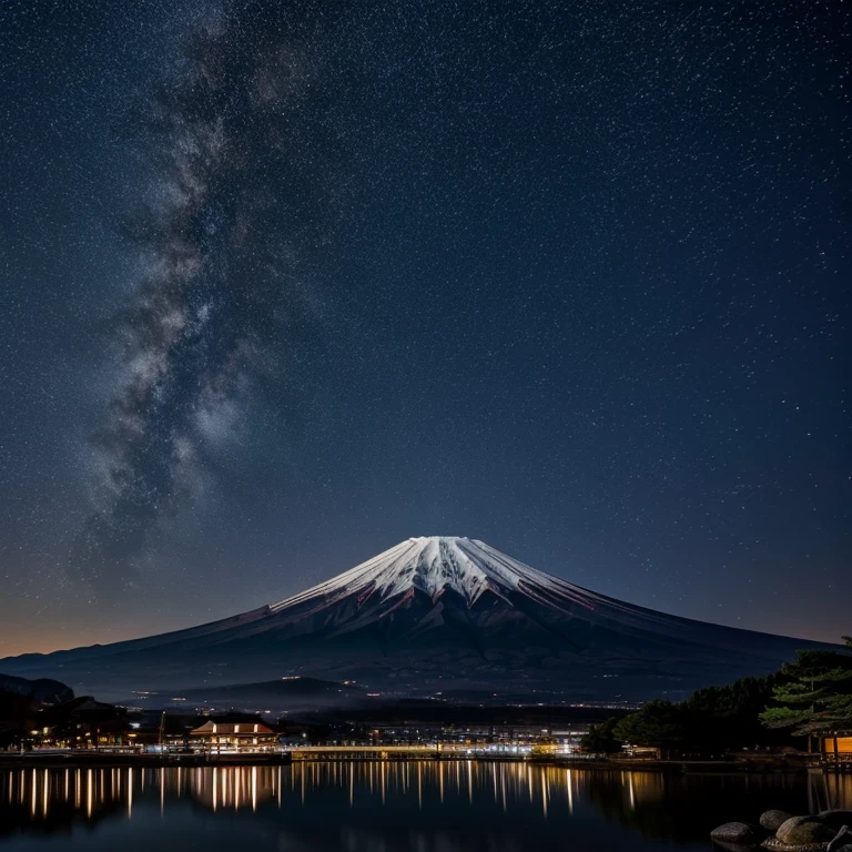 The picture I want you to draw: Japan at Night、Fuji Mountain。月光が雪をかぶったFuji Mountainを照らし、A landscape that stands out for its tranquility and beauty。In the background is a starry sky and a reflection in the lake。