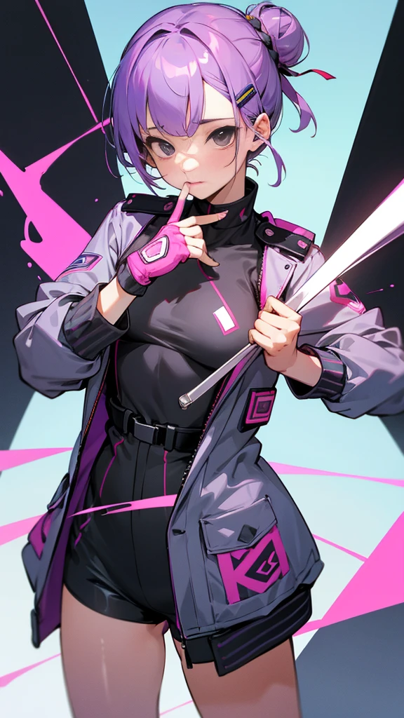 Top Quality, 8K, 4K, High Definition, Detail, (better-quality, 8K, 12), top-quality, 1 girl、purple short bob hair clip tied into a bun、black eyes、small breasts、uniform、gray jacket with pink line, fingerless gloves、thighs、Ilcha fousing on her, surprise face, having her handon her face, making cute expressing face. picture pose, she is standing up, she has a loil pop in her mouth, (she up close only showing face and her chest.)