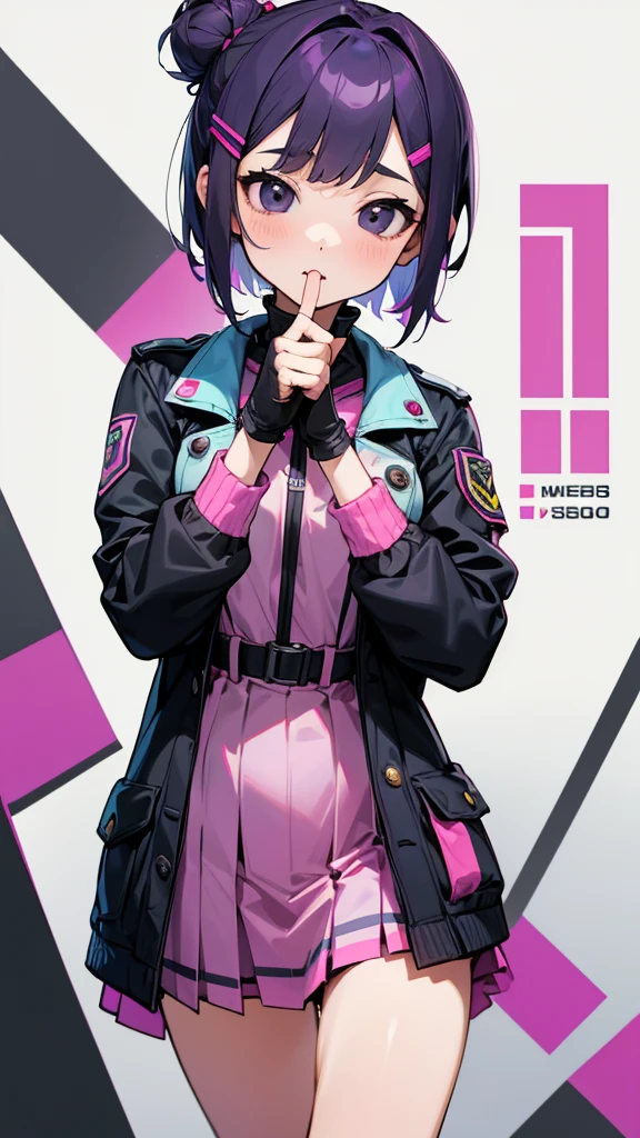 Top Quality, 8K, 4K, High Definition, Detail, (better-quality, 8K, 12), top-quality, 1 girl、purple short bob hair clip tied into a bun、black eyes、small breasts、uniform、gray jacket with pink line, fingerless gloves、thighs、Ilcha fousing on her, surprise face, having her handon her face, making cute expressing face. picture pose, she is standing up, she has a loil pop in her mouth, (she up close only showing face and her chest.)
