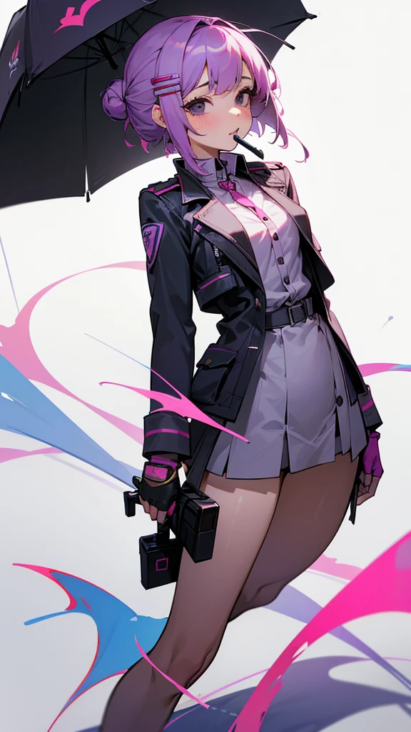 Top Quality, 8K, 4K, High Definition, Detail, (better-quality, 8K, 12), top-quality, 1 girl、purple short bob hair clip tied into a bun、black eyes、small breasts、uniform、gray jacket with pink line, fingerless gloves、thighs、Ilcha fousing on her, surprise face, having her handon her face, making cute expressing face. picture pose, she is standing up, she has a loil pop in her mouth, (she up close only showing face and her chest.)