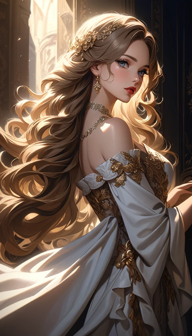 beautiful detailed eyes, beautiful detailed lips, extremely detailed eyes and face, long eyelashes, 1girl, beautiful young woman, aristocratic noble, late 20s, sensual, lustful, hedonistic, luxurious dress, ornate jewelry, flowing hair, dramatic lighting, chiaroscuro, dramatic shadows, cinematic, high quality, 8k, ultra-detailed, photorealistic, oil painting, elegant, sophisticated, ornate, renaissance, baroque