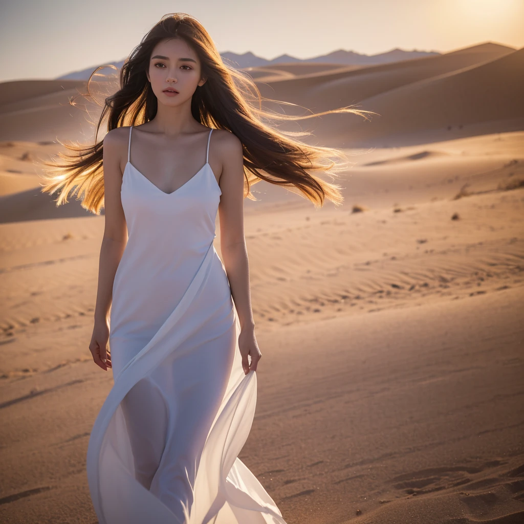 1girl, beautiful young woman, gracefully standing, middle of vast desert, flowing dress billowing in wind, golden sunlight, warm glow on face, striking features, sand dunes stretch out endlessly, sense of tranquility and solitude, realistic painting style, capturing beauty and serenity of desert landscape, real photo, photography, (best quality,4k,8k,highres,masterpiece:1.2),ultra-detailed,(realistic,photorealistic,photo-realistic:1.37),highly detailed face and eyes, detailed fabric, dramatic lighting, depth of field, cinematic composition