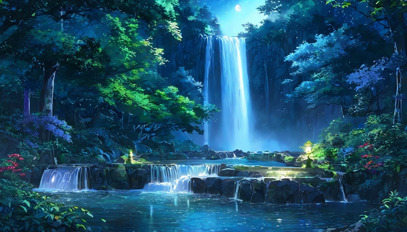 A fantastic night view with the light of the full moon gently illuminating the central waterfall.。The waterfall shines silver、The dark forest that surrounds it is filled with colorful, luminous plants and creatures.。The whole forest shines like magic、It creates a mysterious and fantastical atmosphere.。The waterfall&#39;s spray reflects the light of the full moon.、A beautiful sight, as if the stars were twinkling。Fantasy art that combines nature and magic。
