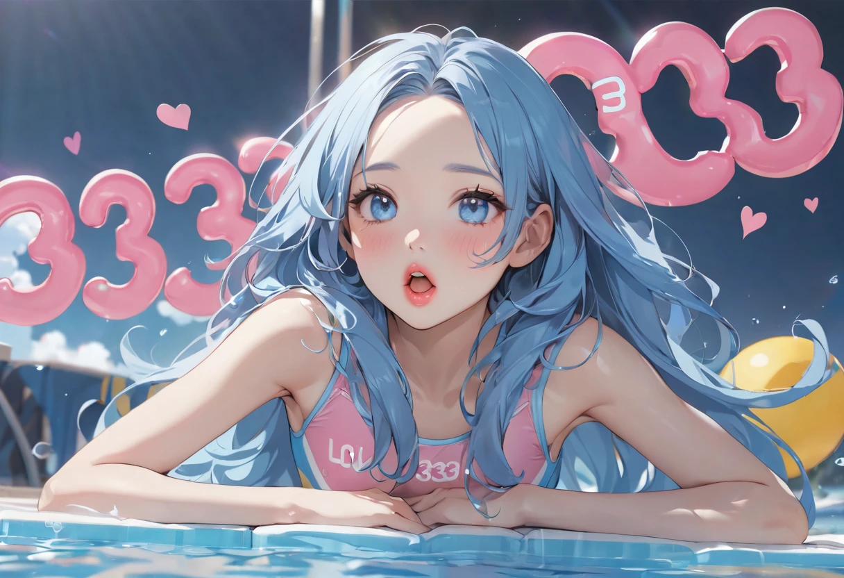 (Characters appear word of "33333"), (solo:2, yo forehead blue hair long hair cute girl, lovely blue eyes, cute open mouth, pink lips), in a One piece swimsuit, BREAK, perfect anatomy, masterpiece, best quality, 16k, beautiful detailed grow, daydreaming expression.