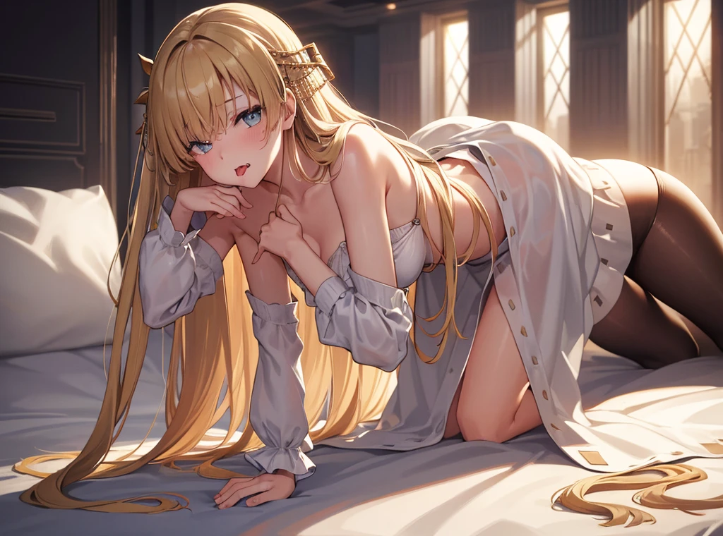 (depict  girl in bondage, long blond hair, straight hair), bedroom, small  breasts, shy, happy, wearing white lingerie (((bondage))), (bound with ribbons), (arms behind  back), ribbons around chest), (Masterpiece, Excellent, complex details),  delicate girl, delicate face, 