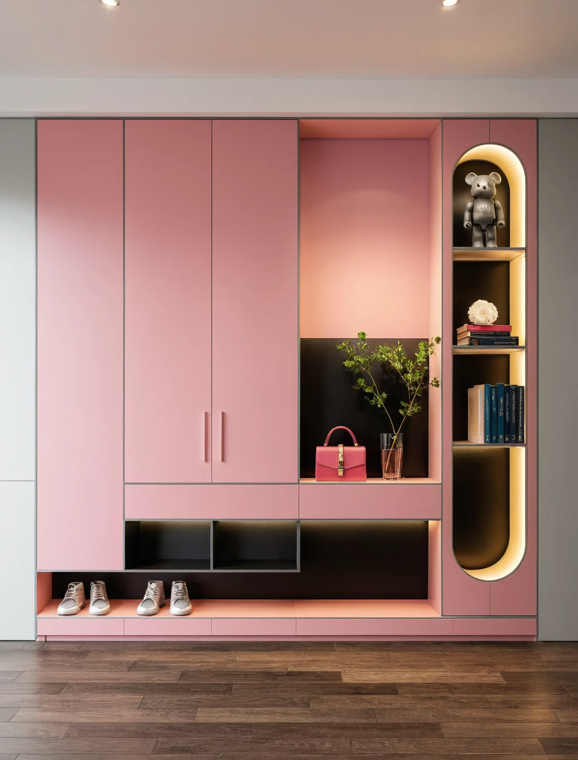 Raw photo,Masterpiece, high quality, best quality, authentic, super detail, interior, shoes Cabinet style modern luxury, decorative cabinets, flower vases, decorations, books, wooden floor, handbags, shoes, bearbrick, (daylight:1.1), vivid colour, (realistic:1.2), ((black and pink Gray))