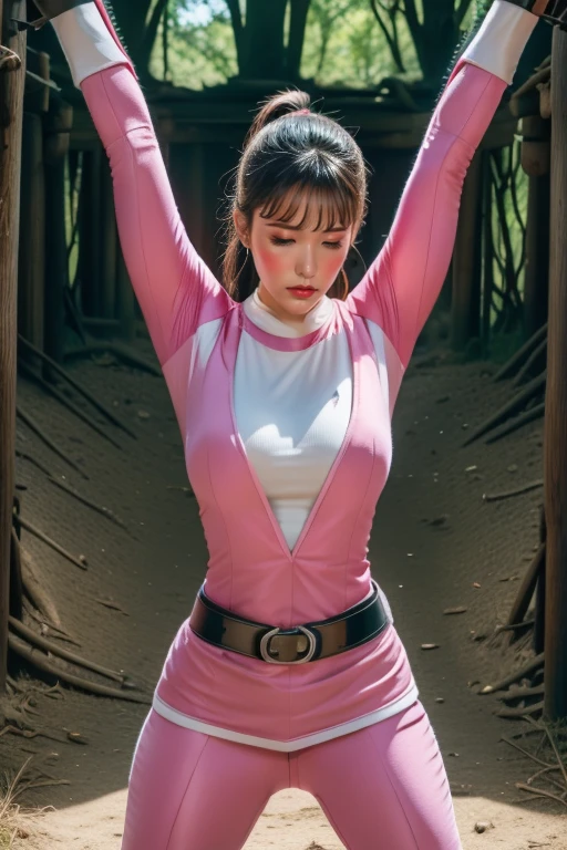 pink theme,pink ranger suit、curvy, big breats, full body, tied on Saint Andrew's cross in X position, screaming in pain, crying, eyes are closed tight