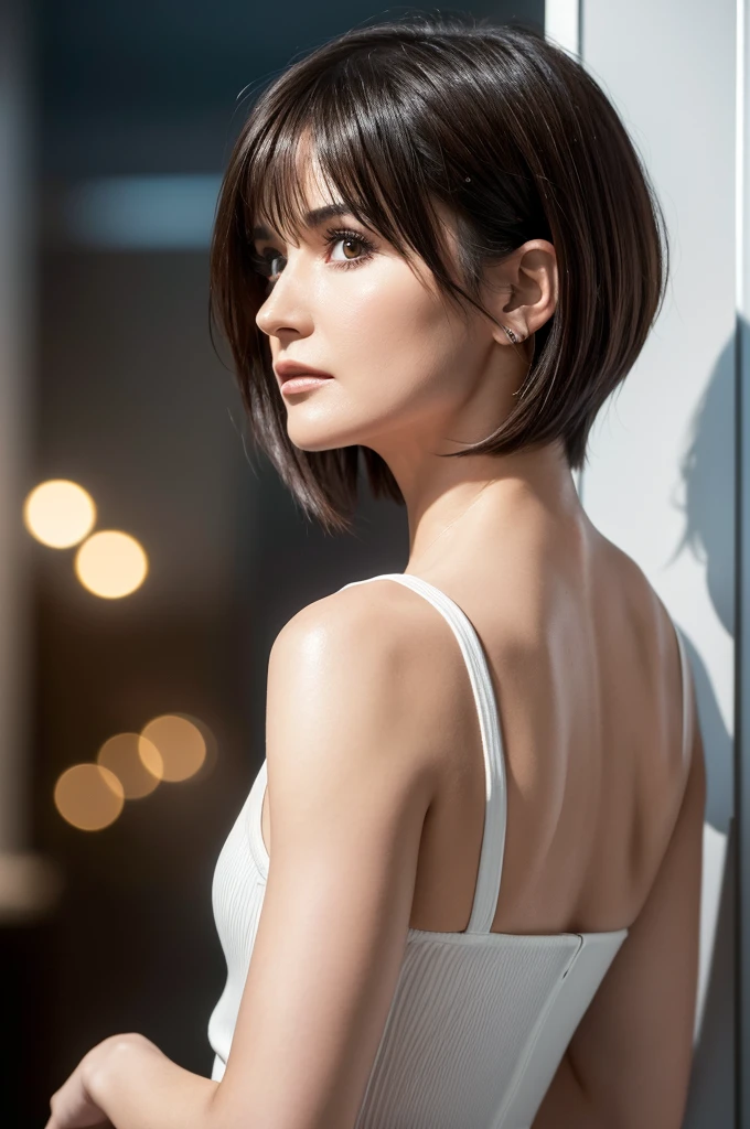 {{{{{{{(masterpiece, .CGI:1.4),(8K raw photo, best quality, masterpiece:1.2) super detailed official art,photorealistic:1.37, (outstanding, professional),masterpiece,best quality,ultra detailed,highres,high-resolution,4K,4Kportrait,8K,8Kportrait,unity8Kwallpaper,extremely detailed CG,realistic,RAW photo,real person,portrait photography,photorealistic,shiny skin,detailed skin,(((dynamic angle full body and dynamic angle wide shot and dynamic angle close-up and dynamic angle upper body and dynamic angle from above and dynamic angle from behind and dynamic angle from below ))),{{{{supermodel }}}},{{{{Photorealistic:1.4}}}}, beautiful detailed, highly detailed eyes and face, beautiful detailed eyes, ridiculous, incredibly ridiculous, super detailed, high resolution, highly detailed, top quality, masterpiece, illustration, highly detailed, CG, unified, 8K wallpaper, amazing, fine detail, masterpiece, top quality, highly detailed CG unified 8K wallpaper, face light, movie lighting,surrealistic female portrait, magic lights, 32K resolution, action poses, realistic photography, dynamic lighting, art station, volume lighting, highly detailed face, awarded, shadows}}}}}}},Close-up of Demi Moore with short hair and white shirt, Demi Moore with short brown hair, Short brown hair with bangs, Short brown hair, Natural Short Hair, Demi Moore with pixie hair cut, Demi Moore with a pixie cut, androgynous face, big brown fringe, Demi Moore with brown bangs, Demi Moore with fairy hair, Demi Moore with short hair and bangs, Demi Moore with a center-parted fringe, Demi Moore with brown bangs, Demi Moore with gelled short hair