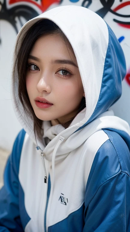 ,1girl, solo, pretty face, eyelashes, nose, glossy lips, (detailed eyes, looking at viewer, fair skin, white skin: 1.5), smooth skin, wearing hijab, 8k portrait of beauty in hijab, intricate, graceful, highly detailed, majestic, digital photography, hyper realistic, Masterpiece, Best Quality, All parts of the body except the face and hands are covered with clothing, Tudung, ((do not let the hair come out of the hijab)), full hijab, ((all parts of the body covered by clothes except the face)), Best Quality, (graffiti:1.5), paint splatter, jacket, On wall, paint can, looking at viewer, head slanted, clothing color palestine flag, (Wear a cyberpunk hooded military uniform), cyberpunk city