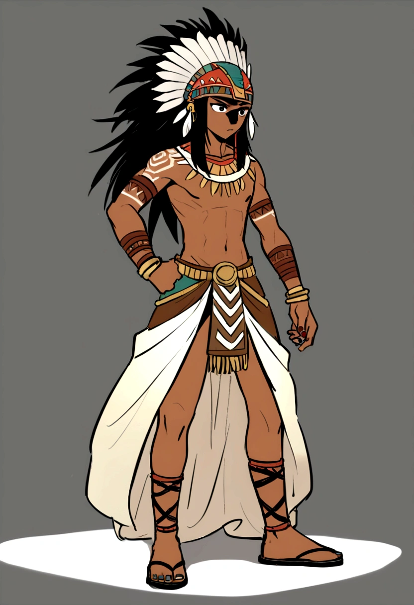 higres, stable diffusion 3, 1boy, solo, native boy, , medium black hair, dark skin, golden eyes, atletic body, native figther , bodypaint, tribal bodypaint,, loincloth, leather sandals, aztec, aztec boy, , standing, legs apart, full body, white background, simple background, Genshin impact style, lora: anime_style: 1.5
