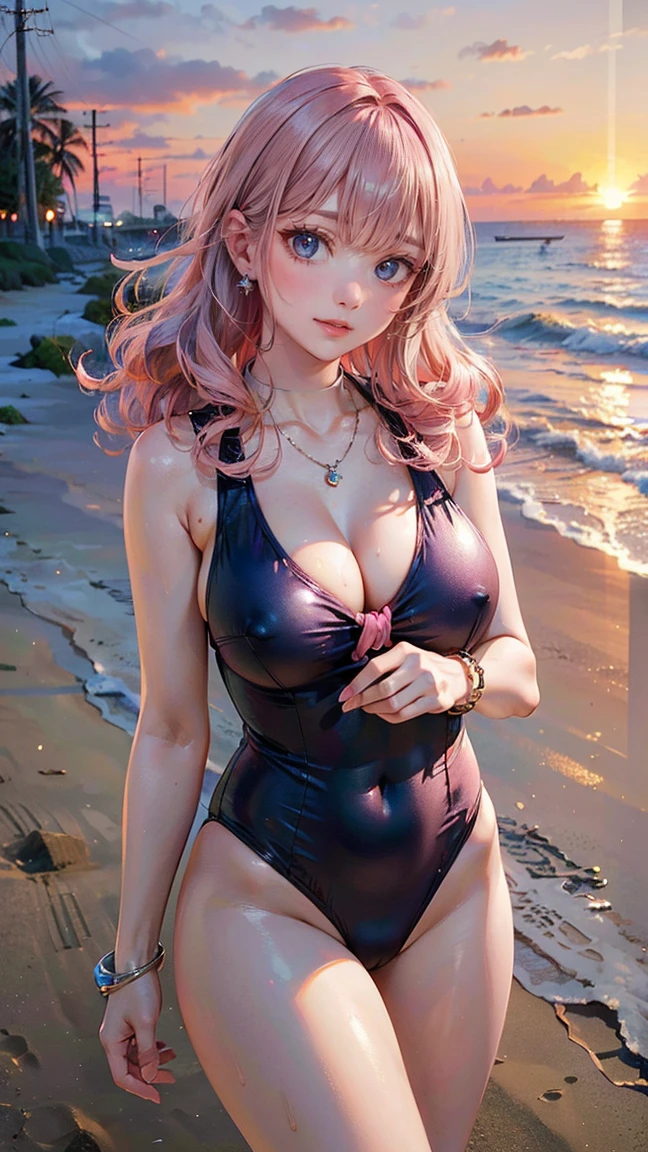 (Masterpiece, BestQuality:1.3), (ultra detailed:1.2), (hyperrealistic:1.3), (RAW photo:1.2), High detail RAW color photo, professional photograph, (Photorealistic:1.4), (realistic:1.4), professional lighting, perfect anatomy, (Big Breasts:1.2), (blush, detailed face), (cheerful Smile:1.5), (Pink Hair:1.5), Trending Hair&Trending Hairカラーをランダムに, earrings, necklace, bracelet, sexly, erotic sexly, Random sexy gravure poses, (Woman in swimsuit、The background is the beach at sunset、Sexy eyes、Long Curly Hair、Walking pose on the beach:1.3)
