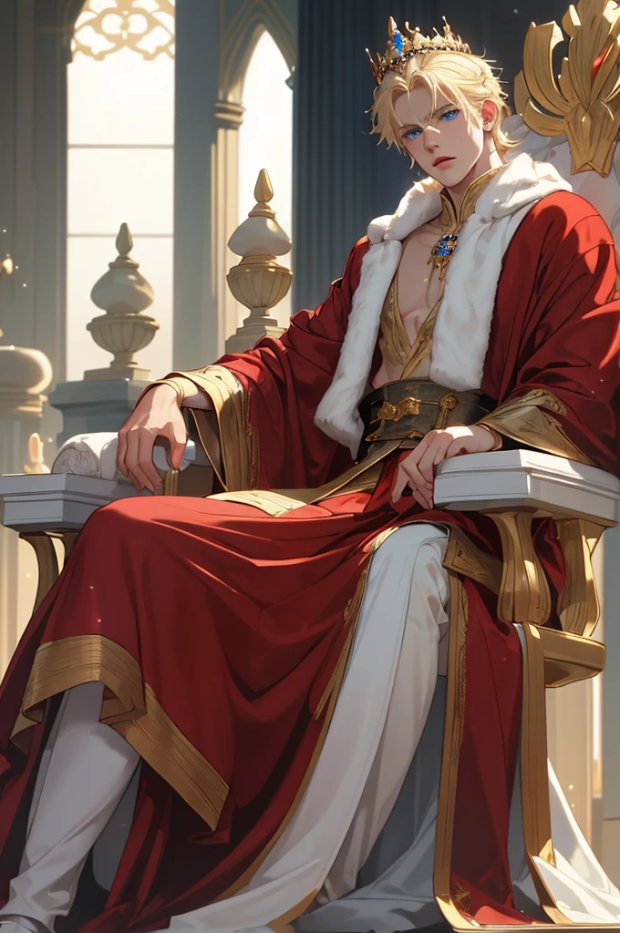 (masterpiece, highest quality), Best quality,a man with pale blond hair and snow white skin is sitting on a throne in a empty throne room the man has blue eyes and is wearing a red robe the man is slightly muscular but mostly skinny the man is sitting on the throne a hint of sunlight touches his face seeing only a glimmer of his beauty the man sits on the throne with a elegant yet bored expression the man is resting his head on his hand in a dominant position,the man his wearing a goldenCrown on his head, the man is 22 years old 