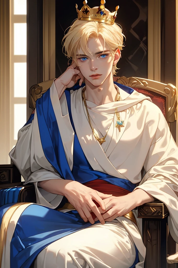 (masterpiece, highest quality), Best quality,a man with pale blond hair and snow white skin is sitting on a throne in a empty throne room the man has blue eyes and is wearing a red robe the man is slightly muscular but mostly skinny the man is sitting on the throne a hint of sunlight touches his face seeing only a glimmer of his beauty the man sits on the throne with a elegant yet bored expression the man is resting his head on his hand in a dominant position,the man his wearing a goldenCrown on his head, the man is 22 years old