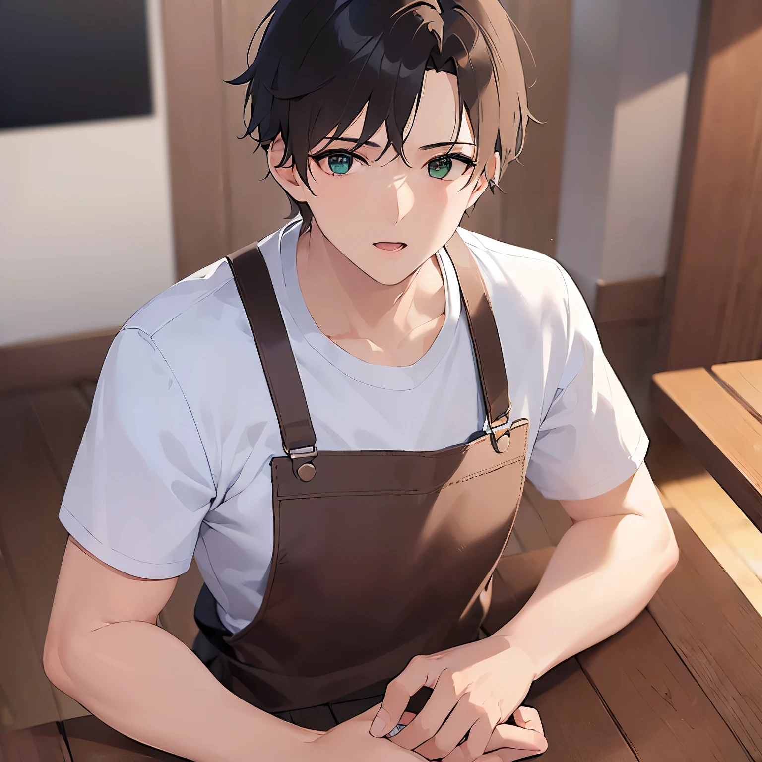 (25-year-old male:1.5) and (Brown short hair) and (Green Eyes),upper body,looking at viewer,shiny skin,masterpiece、Highest quality、(whiteTshirt:1.5),The background is the living room,(alone:1.5)、open mouth,apron、laundry、amazed