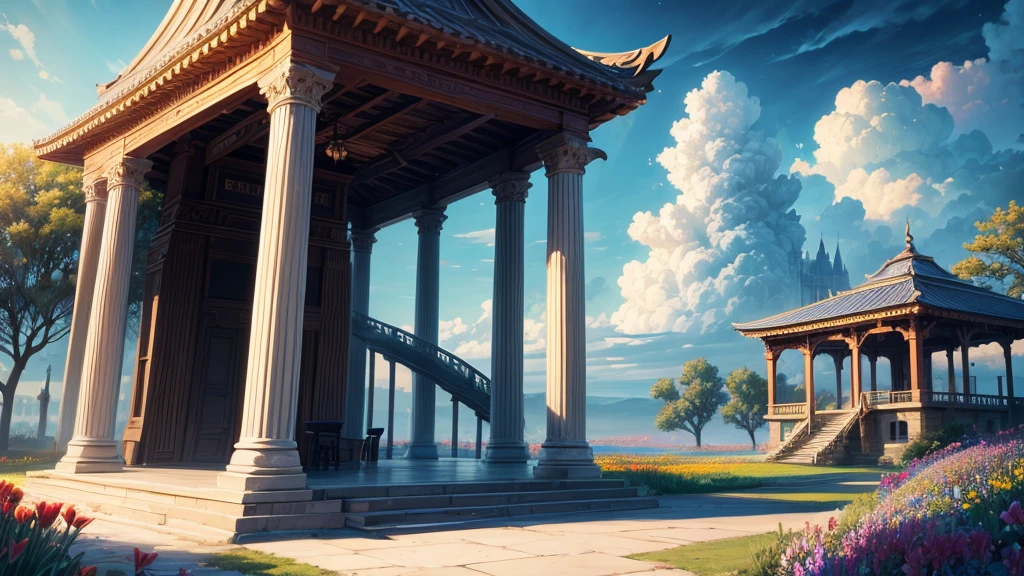 "oil, ((Mysterious Girl)), The sound of a harp echoing through the air, A pavilion surrounded by wildflowers, ((Dramatic cloud formation)), A rich palette, Fantasy World, Magical Aura"