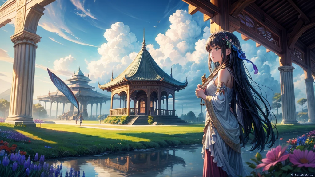 "oil, ((Mysterious Girl)), The sound of a harp echoing through the air, A pavilion surrounded by wildflowers, ((Dramatic cloud formation)), A rich palette, Fantasy World, Magical Aura"