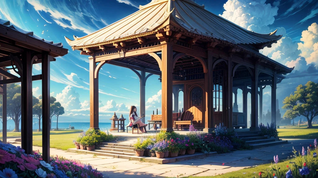 "oil, ((Mysterious Girl)), The sound of a harp echoing through the air, A pavilion surrounded by wildflowers, ((Dramatic cloud formation)), A rich palette, Fantasy World, Magical Aura"