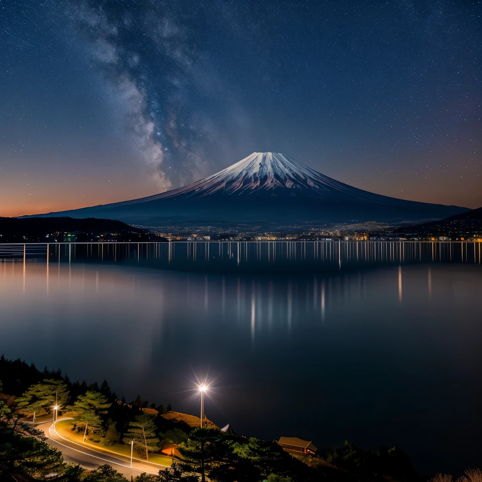The picture I want you to draw: Japan at Night、Fuji Mountain。Moonlight illuminates the snow-capped Fuji Mountain、A landscape that stands out for its tranquility and beauty。In the background is a starry sky and a reflection in the lake。