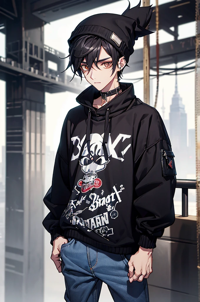 (best quality) (detail), 1 guy, thin, manly, punk, black oversize sweater, baggy jeans, Beanie hat, headphone in neck, dark, piercing, black hair