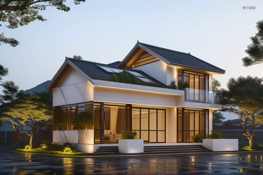 3D render of a beautiful house. The house is adorned with elegant lighting and plants to enhance its exterior appearance in a Vietnam city street, Behind are hills and mountains with clear blue sky. Aerial view of the tranquil garden with lush green grass, winding paths leading to an elegant koi pond surrounded by ornamental fish and tropical plants.  The house looks like a fairy tale, with a large porch to sit and drink tea with wooden panels and LED lights. The simple design features a white and dark grey color marble cladding scheme with big windows on the first floor and a small balcony above it with green plants. This space creates natural beauty that can be used as a serene spot to relax or enjoy nature. The main door is made of aluminum and glass reaching to the ceiling. Ground floor full glass door, The main door is made of art glass, the windows are large and the ceiling is made of glass. Looking into the house through the middle glass window is the living room, the left glass window is the kitchen, the right glass window is the bedroom, interior lighting rendering and lighting effects. It is an architectural rendering with a perspective view and daylight lighting. taken with professional photography techniques, using a wide angle lens with bright natural light and high resolution details, in the style of photorealistic architectural rendering, in the style of professional photograph, hyper realistic, highly detailed.