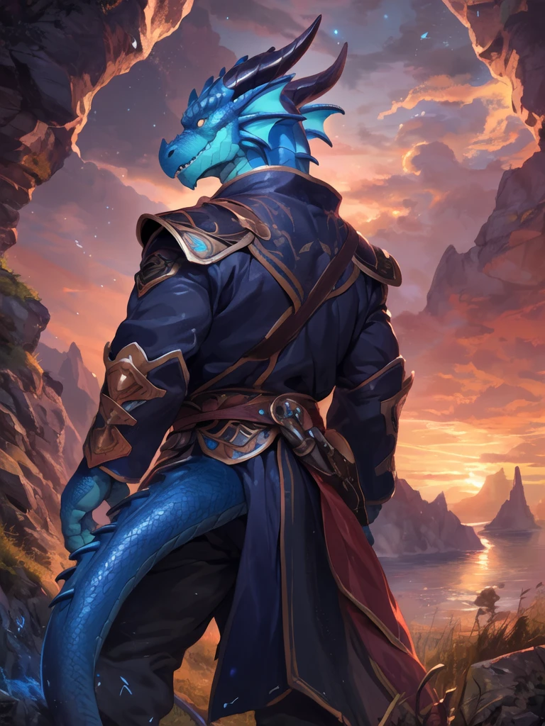 solo, male, mature male, (male anthro dragon:1.3), (blue body:1.1), (standing:1.3), (kemono:1.2), (sunset:1.23), armor, (robe), (looking back:1.2), raised head, (rear view), landscapes, cliff, dawn, horizon, detailed eyes, portrait, dragon tail, horn, (detailed eyes), (outside:1.35), grass, hill, (cloud), (particles ,firefly, blue glowing:1.3), detailed background, 8k hd, (dark shadows, wide dynamic range, hdr, low light:1.2), by Pino Daeni, barazoku, [by dagasi, by zixiong], cygames, by null-ghost, (scenery)