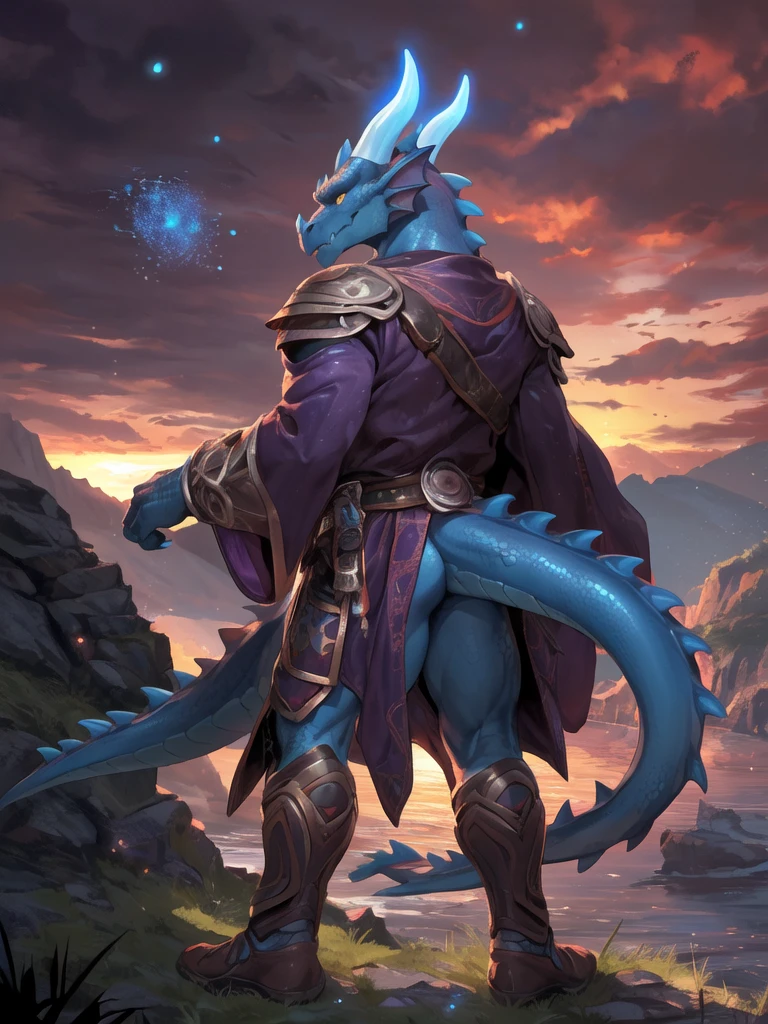 solo, male, mature male, (male anthro dragon:1.3), (blue body:1.1), (standing:1.3), (kemono:1.2), (sunset:1.23), armor, (robe), (looking back:1.2), raised head, (rear view), landscapes, cliff, dawn, horizon, detailed eyes, portrait, dragon tail, horn, (detailed eyes), (outside:1.35), grass, hill, (cloud), (particles ,firefly, blue glowing:1.3), detailed background, 8k hd, (dark shadows, wide dynamic range, hdr, low light:1.2), by Pino Daeni, barazoku, [by dagasi, by zixiong], cygames, by null-ghost, (scenery)