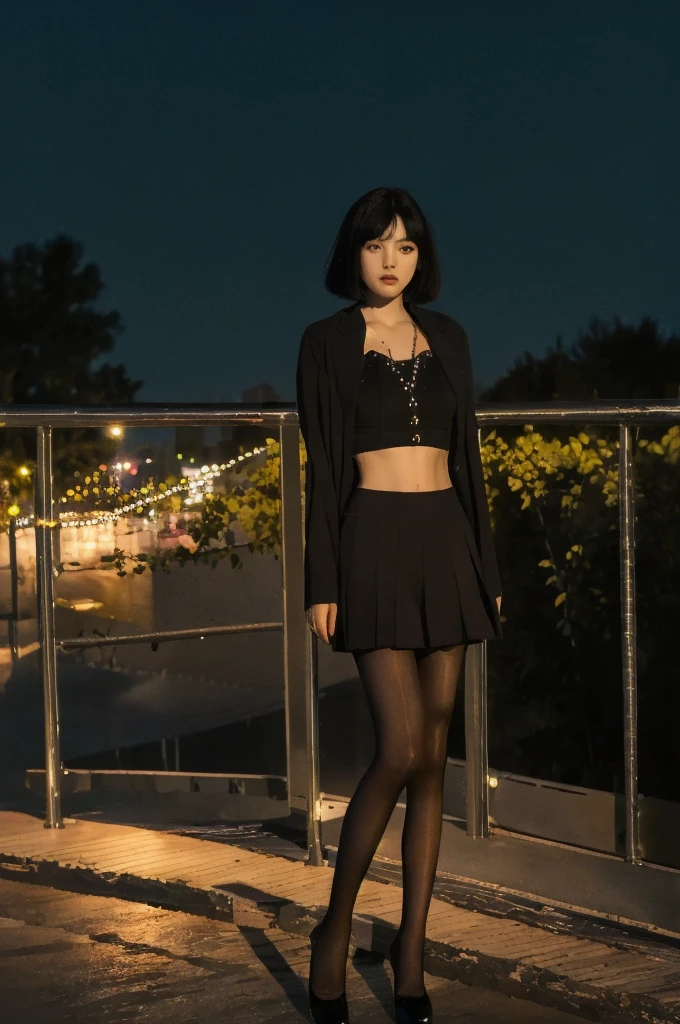 overbridge,1girl,solo,bob cut,black hair,midriff,(night:1.3),looking at viewer,(standing,black_pantyhose:1.3),
(soft lighting, high saturated),vivid illumination,enchanting elegance,atmospheric depth,masterful technique,naturalistic representations,harmonious composition,creative refinement,striking juxtapositions,