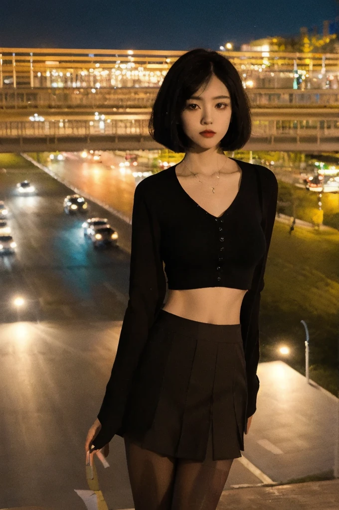 overbridge,1girl,solo,bob cut,black hair,midriff,(night:1.3),looking at viewer,(standing,black_pantyhose:1.3),
(soft lighting, high saturated),vivid illumination,enchanting elegance,atmospheric depth,masterful technique,naturalistic representations,harmonious composition,creative refinement,striking juxtapositions,